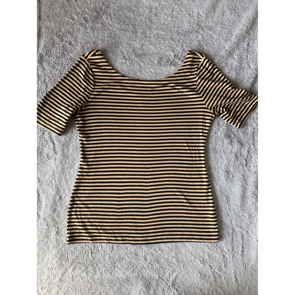 Banana Republic Womens Large Tan Black Striped Scoop Neck Short Sleeve Top Tee